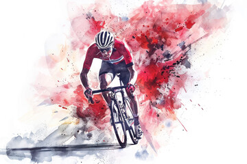 Wall Mural - Red watercolor painting of professional cyclist in road bike race