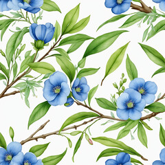 Watercolor botanical green tree branch with blue flowers