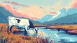 Clear Cartoon Illustration art style of a cow grazing in a field with mountains and river background created with Generative AI Technology