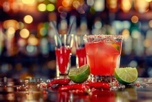 Red Margarita With Salt On The Rim, Three Shot Glasses Filled With Tequila Shots And Lime Slices And Chili Peppers In Front Of It, Blurred Bar Background Generative AI