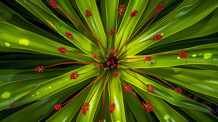 Wall Mural - This captivating image features a close-up view of a plant with long, slender green leaves radiating outward.