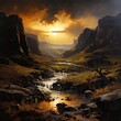 Golden Sunset Valley A breathtaking landscape showcasing a serene valley, illuminated by the golden hues of the setting sun, perfect for nature-themed artwork or inspirational content.