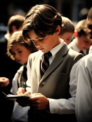 Canvas Print - A boy in a suit and tie writing on a piece of paper. Generative AI.