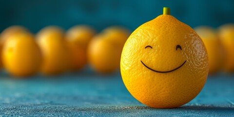 Sticker - A lemon with a smiley face is in front of a group of other lemons. Generative AI.