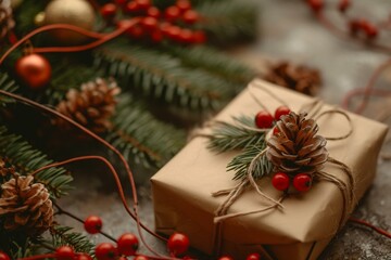 Canvas Print - Christmas gift with pine cones and berries on a table. Generative AI.