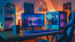 Cozy gamer's corner with dual monitors and glowing PC tower, home gaming station