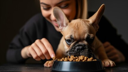 Wall Mural - A woman feeding a french bulldog dog food from a bowl. Generative AI.