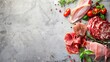 Assortment of raw meats on grey background. Panorama, banner with copy space
