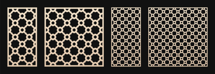 Poster - Laser cut patterns. Vector set with oriental geometric ornaments with grid, mesh, circles, floral silhouettes. Elegant template for cnc cutting, decorative panels of wood, metal. Aspect ratio 1:2, 1:1