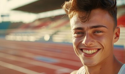 Wall Mural - A young athletic man is jogging in the stadium