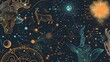 © progressman - a painting of a zodiac sign and other astro signs on a black background