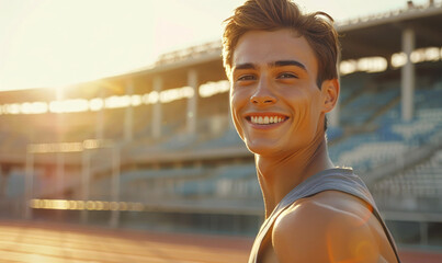 A young athletic man is jogging in the stadium