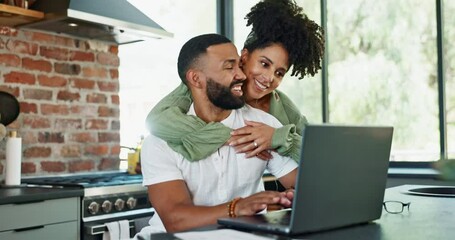 Poster - Couple, hug and laptop in home with tax, paperwork and results for loan application with smile in kitchen. Man, woman and happy with computer, embrace and documents for investment, finance or savings