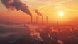 Industrial skyline at dawn with smoke plumes, suitable for discussions on energy production and environmental impact.