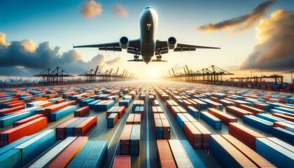 An airplane is in the sky, directly above a huge array of multi-colored cargo containers. The containers are neatly organized in the expansive warehouse area, symbolizing a busy hub for global trade a