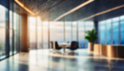 Poster - A blurry image of a large glass-walled office with several chairs and a potted plant. The office looks like a corridor or lobby, and chairs are placed along the walls, glass walls is a busy city again