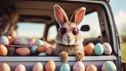 Sticker - Cute Easter Bunny with sunglasses looking out of a open car with eggs filled in that open car filled with easter egg created with generative ai