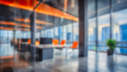 Poster - A blurry image of a large glass-walled office with several chairs and a potted plant. The office looks like a corridor or lobby, and chairs are placed along the walls, glass walls is a busy city again