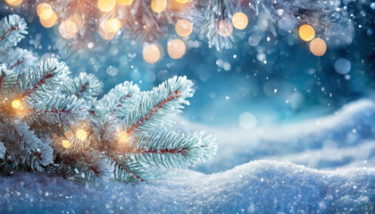 Poster - A pine tree covered in snow with lights shining on it, beautiful winter background image of frosted spruce branches and small drifts of pure snow