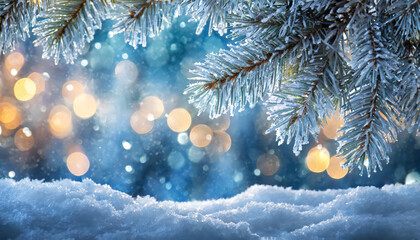 Poster - A pine tree covered in snow with lights shining on it, beautiful winter background image of frosted spruce branches and small drifts of pure snow