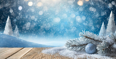 Aufkleber - A snowy scene with a blue sky and a wooden board. The board is covered in snow and has a few pine trees in the background. Scene is peaceful and serene, with the snow creating a calm atmosphere