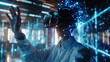 The image depicts a person wearing a virtual reality headset and interacting with a complex digital interface.