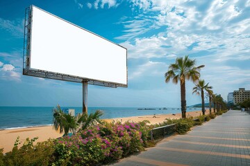 An advertising billboard space available on a sunny beach promenade with palm trees and blue sky