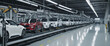 Automated robotics futuristic electric cars factory production line as wide banners with statistics of production and efficiency as wide banner with copy space area