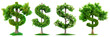 Set of a trees with leaves in the shape of dollar signs on a white or transparent background. Money trees close-up, frontal view. Concept of investment, financial literacy, and savings.