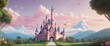 cartoon dreamy pink and pastel color cartoon castle for fairytales and kids stories concepts as wide banner with copyspace area 