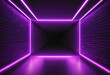Neon light abstract background. Semicircle tunnel or corridor violet neon glowing lights. Laser lines and LED technology create glow in dark room. Cyber club neon light stage room.