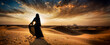 A girl in the Dubai desert, her silhouette stands out against the vastness of the landscape. She is wearing a traditional Abaya dress.