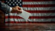Mans gesture putting ballot in box in front of US flag