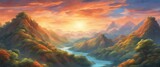 Fototapeta  - Amazing sunlit mountains, in illustration paint form