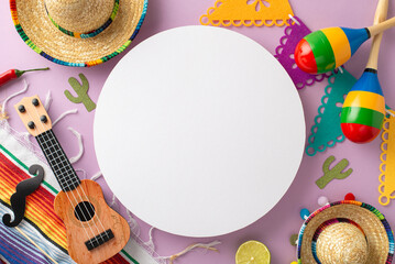 Wall Mural - Cinco de Mayo setup. Top view capturing iconic elements: sombreros, vihuela, maracas, mustaches, a striped serape, flags, chili peppers, confetti on a light purple background, circular space for copy