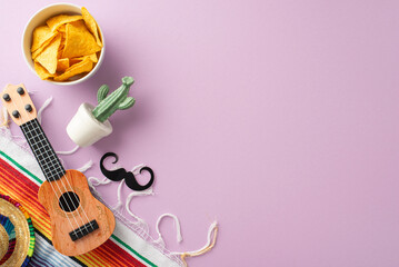 Wall Mural - Cinco de Mayo setup featuring overhead shots of traditional hat, a vihuela, mustaches, a cactus, a multicolored serape, and nachos, all laid out on a lilac background with space for text