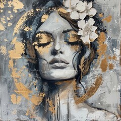 Wall Mural - A painting depicting a woman with flowers adorning her hair, showcasing a serene expression