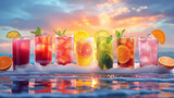 Fototapeta Las - Group of glasses with cold fresh cocktails on beach at sunset. Party on summer holiday. Generative AI