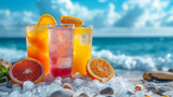 Fototapeta Zwierzęta - Tree glasses with cold fresh cocktails on beach on daylight. Party on summer holiday. Generative AI