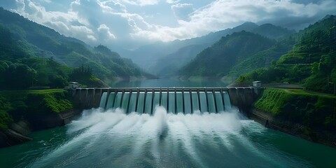 Wall Mural - Hydroelectric power plant in green valley with vast dam harnessing rivers power water cascading down spillways. Concept Hydroelectric Power Plant, Green Valley, Vast Dam, Water Cascades, Spillways