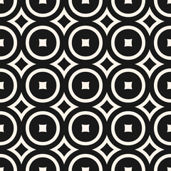 Wall Mural - Simple minimalist geometric seamless texture. Vector abstract pattern with curved shapes, squares, circles, diamonds in regular grid, repeat tiles. Black and white background. Monochrome geo design