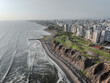 Panoramic image of the city of Lima. You can appreciate the buildings of Miraflores, the Malecon parks, the cliff, the Costa Verde highway and the coast of the Pacific Ocean.