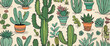 Hand drawn cactus plant doodle seamless pattern set. Vintage style cartoon cacti houseplant background. Nature desert flora texture, garden print. Natural interior graphic decoration wallpaper.