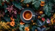 A cup of coffee surrounded by leaves and flowers
