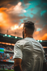 Wall Mural - Back of a soccer player in pure white blank soccer jersey, big soccer stadium with full of crowd in the background. Sunset with cloudy weather