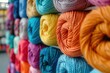 closeup of multicolored clew of yarn on a shelf in a store