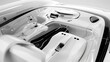 Advanced dashboard and minimalist white seats in conceptual car interior. Sleek design of futuristic vehicle cockpit. Concept of modern transport, innovative design, future automotive trends.