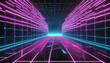 80s Retro Sci-Fi Background Futuristic Grid landscape. Digital cyber surface style of the 1980`s. Double infinite grid and lights forward. Synthwave wireframe net illustration.  80s, 90s cyber grid