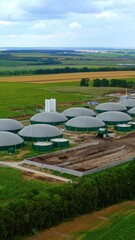 Wall Mural - Biogas plant. Contemporary farm for biomass production surrounded by green environment. Modern agriculture for organic gas on field. Vertical video