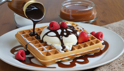 Wall Mural - chocolate and caramel maple or honey syrup with ice cream scoop fresh baked waffles morning breakfast 